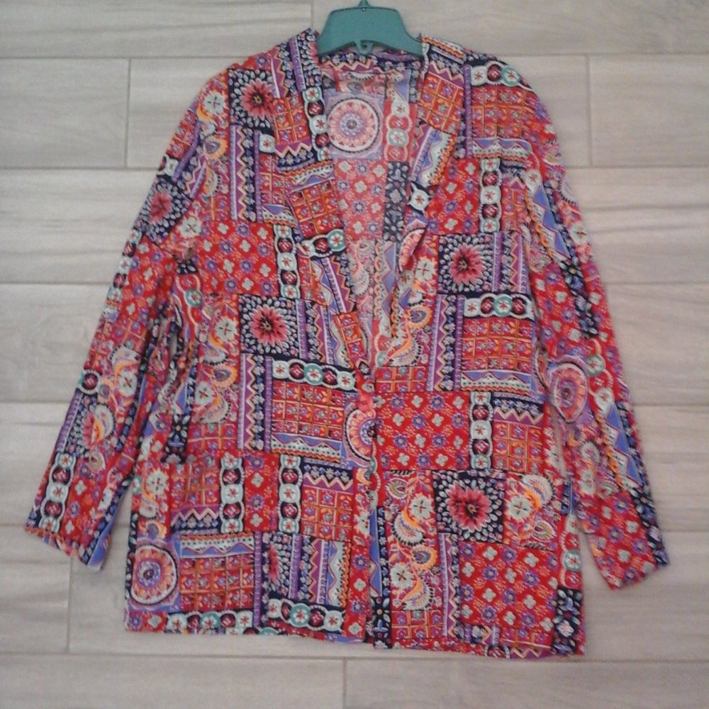 Multi-color Floral Patchwork Woven Rayon Boyfriend Jacket.   Size XL